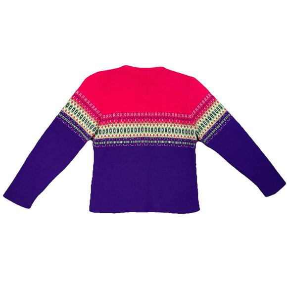 Vtg 90s Girls Ski Sweater Bright Pink Purple Green Geometric Fair Isle L USA - Picture 7 of 9